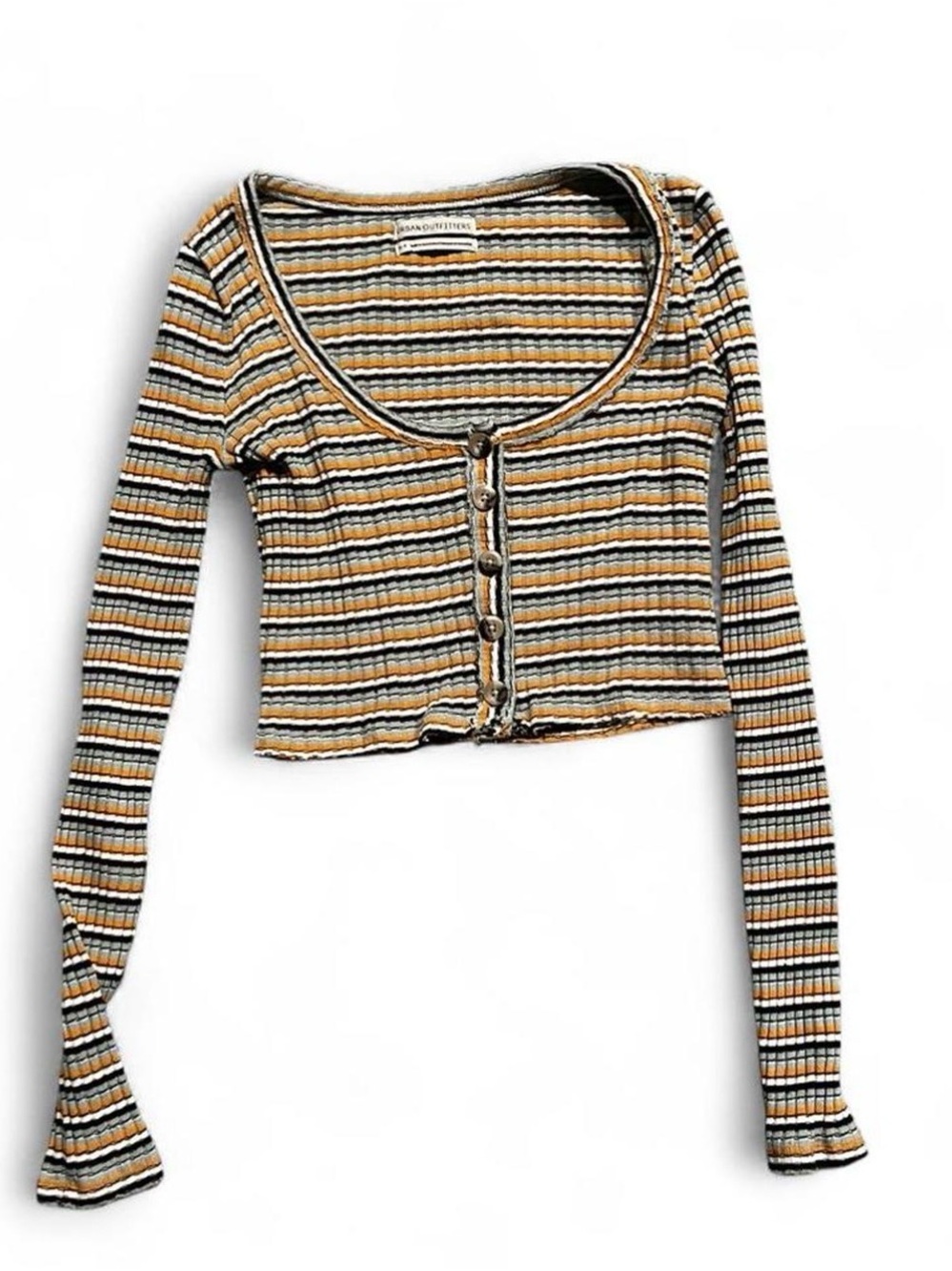 Striped Scoop Neck Cropped Button-Front Top - Mustard/Black